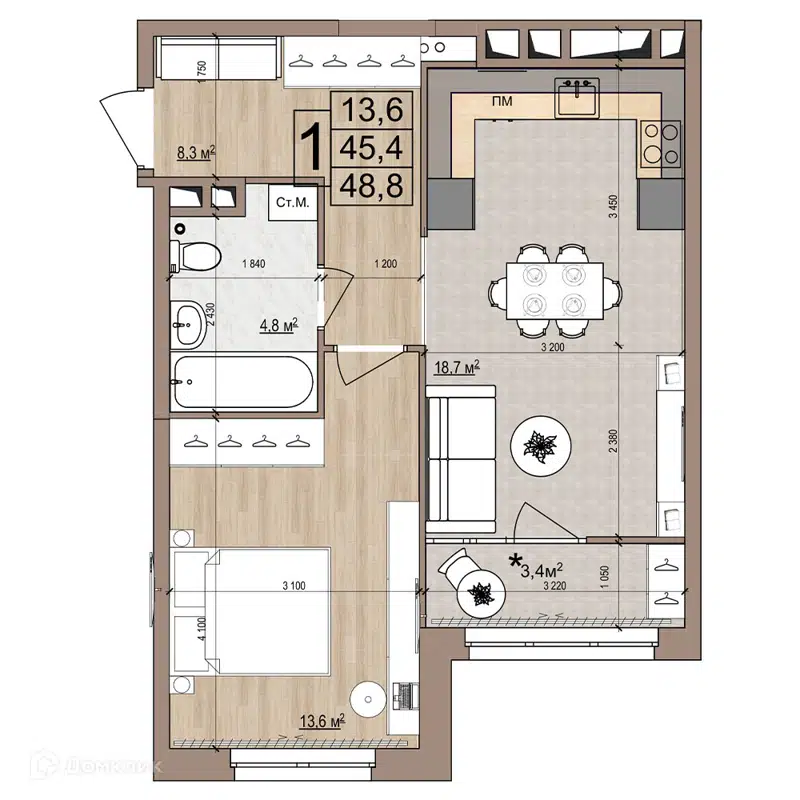 1-комнатная квартира 48.8 м² Гранд Комфорт