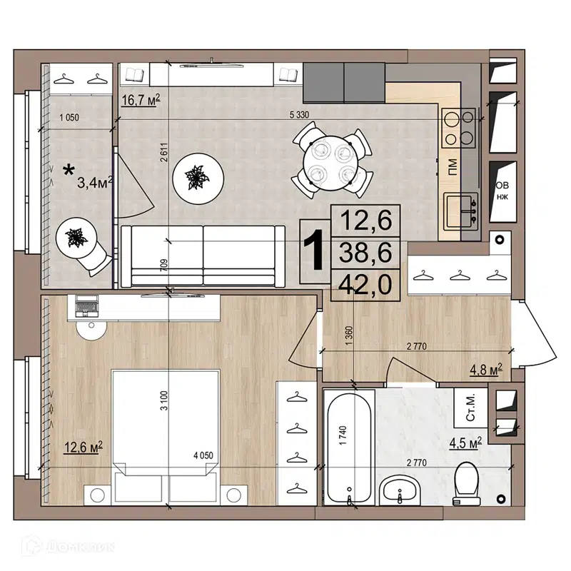 1-комнатная квартира 42 м² Гранд Комфорт