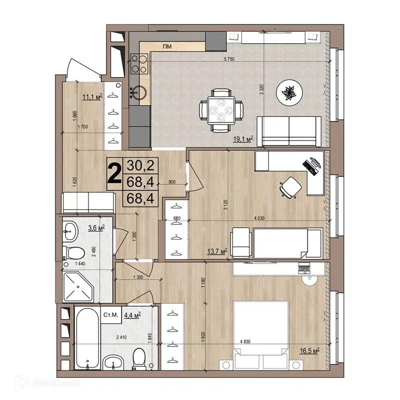 2-комнатная квартира 68.4 м² Гранд Комфорт