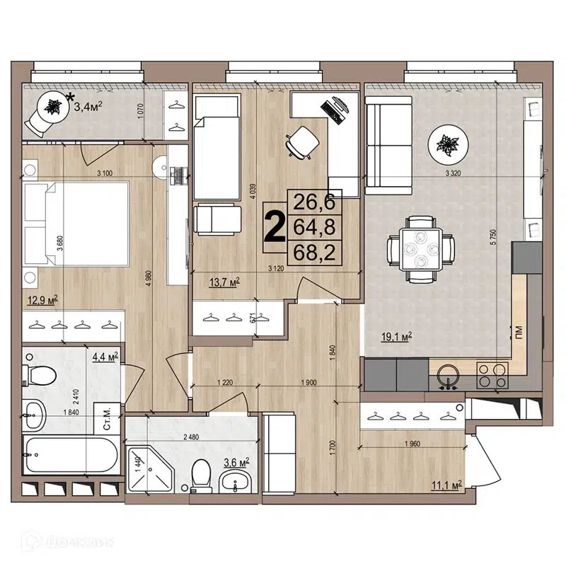 2-комнатная квартира 68.2 м² Гранд Комфорт