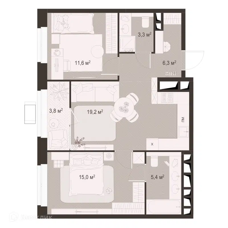 2-комнатная квартира 64.6 м² Гранд Комфорт