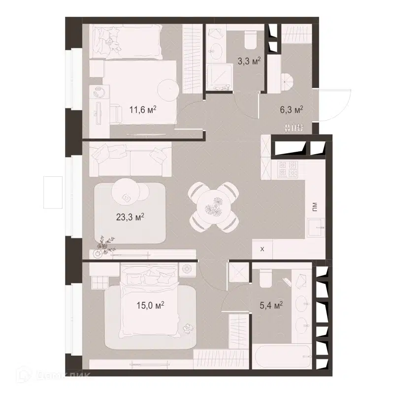 2-комнатная квартира 64.9 м² Гранд Комфорт