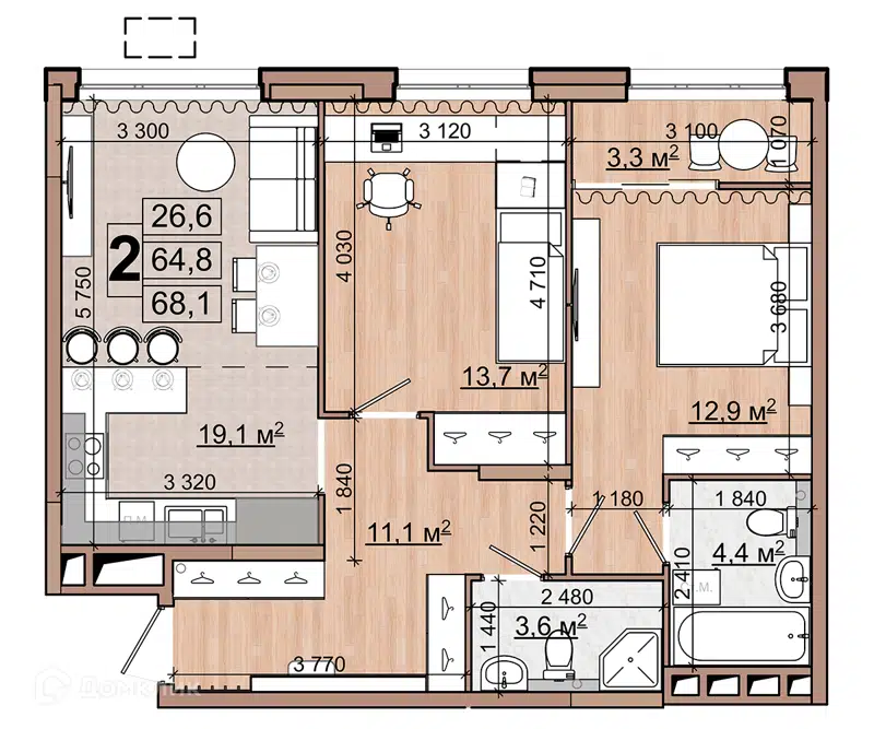 2-комнатная квартира 68.1 м² Гранд Комфорт