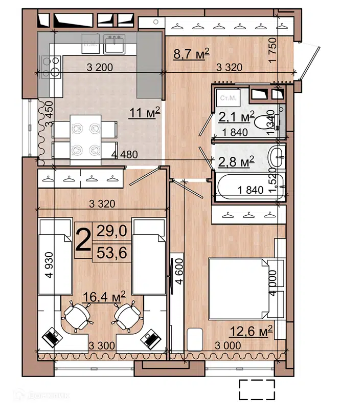 2-комнатная квартира 53.6 м² Гранд Комфорт