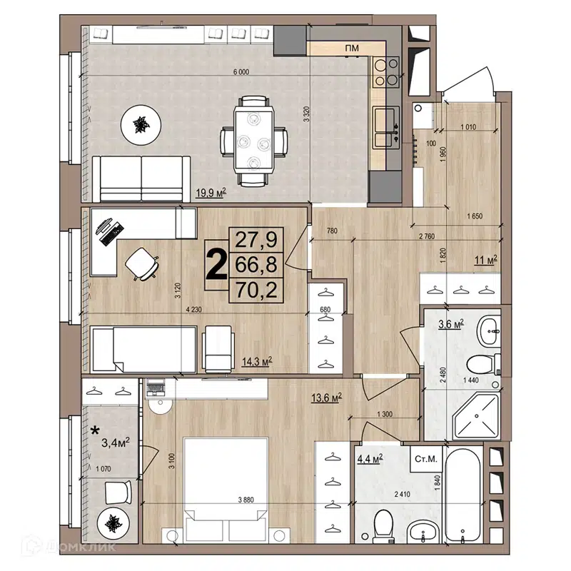 2-комнатная квартира 70.2 м² Гранд Комфорт