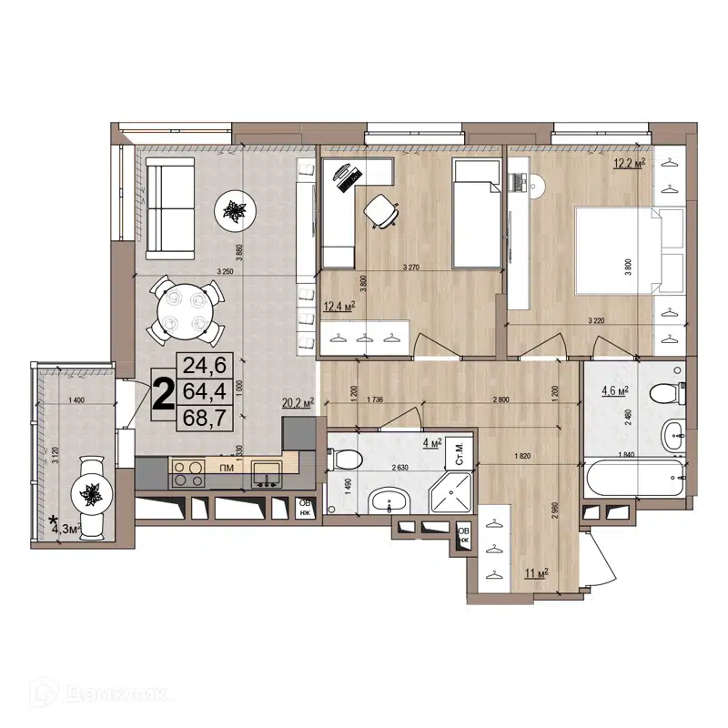 2-комнатная квартира 68.7 м² Гранд Комфорт