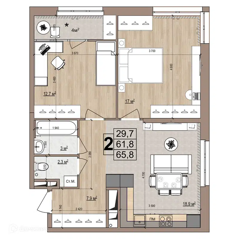 2-комнатная квартира 65.8 м² Гранд Комфорт