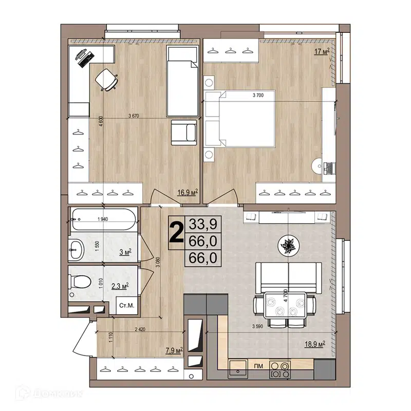 2-комнатная квартира 66 м² Гранд Комфорт