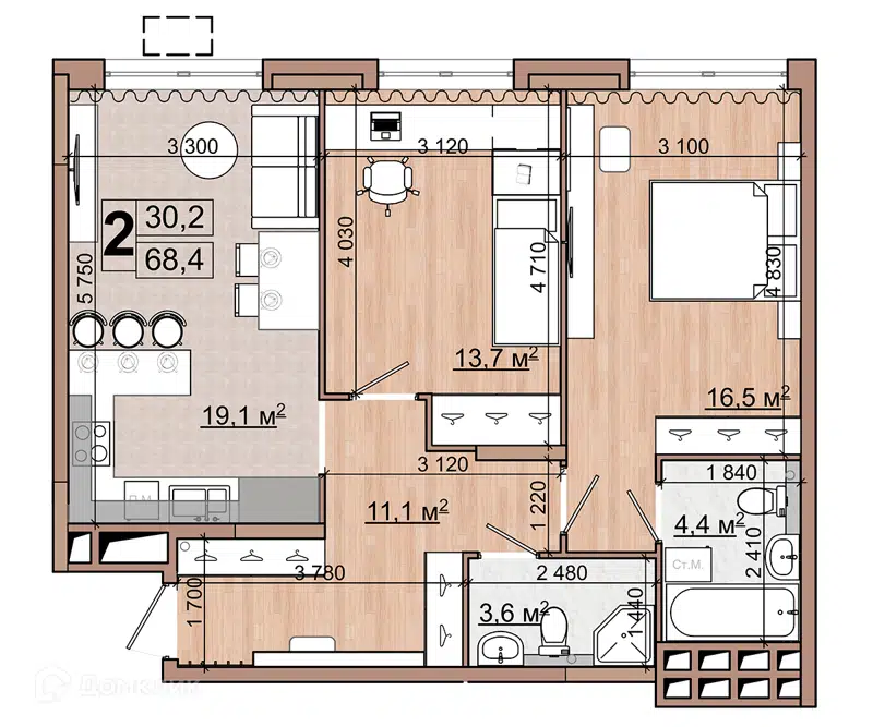2-комнатная квартира 68.4 м² Гранд Комфорт