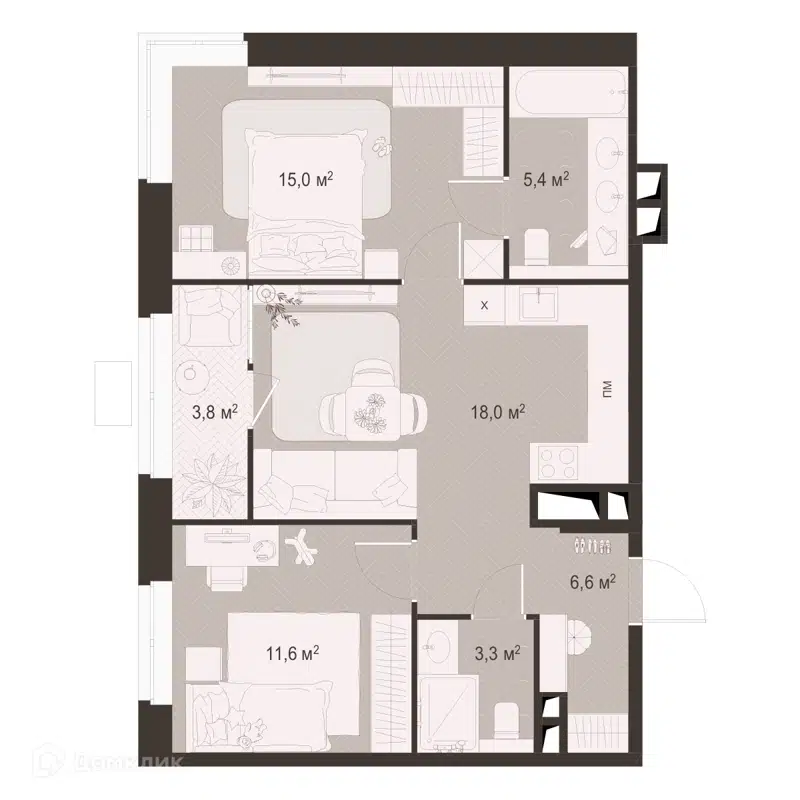 2-комнатная квартира 63.7 м² Гранд Комфорт