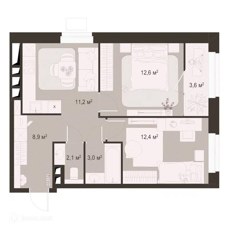2-комнатная квартира 53.6 м² Гранд Комфорт