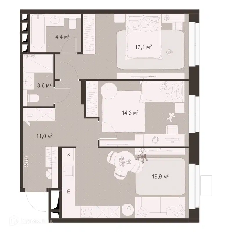 2-комнатная квартира 70.3 м² Гранд Комфорт