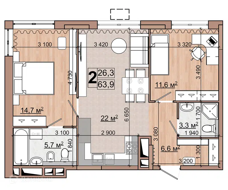 2-комнатная квартира 63.9 м² Гранд Комфорт
