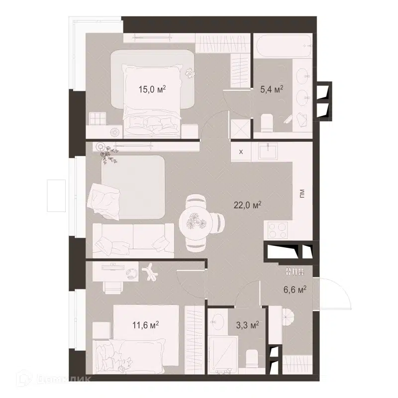 2-комнатная квартира 63.9 м² Гранд Комфорт