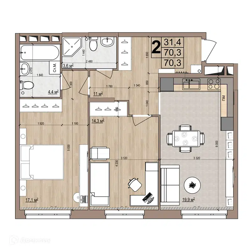 2-комнатная квартира 70.3 м² Гранд Комфорт