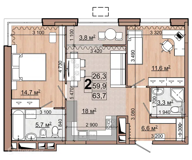 2-комнатная квартира 63.7 м² Гранд Комфорт
