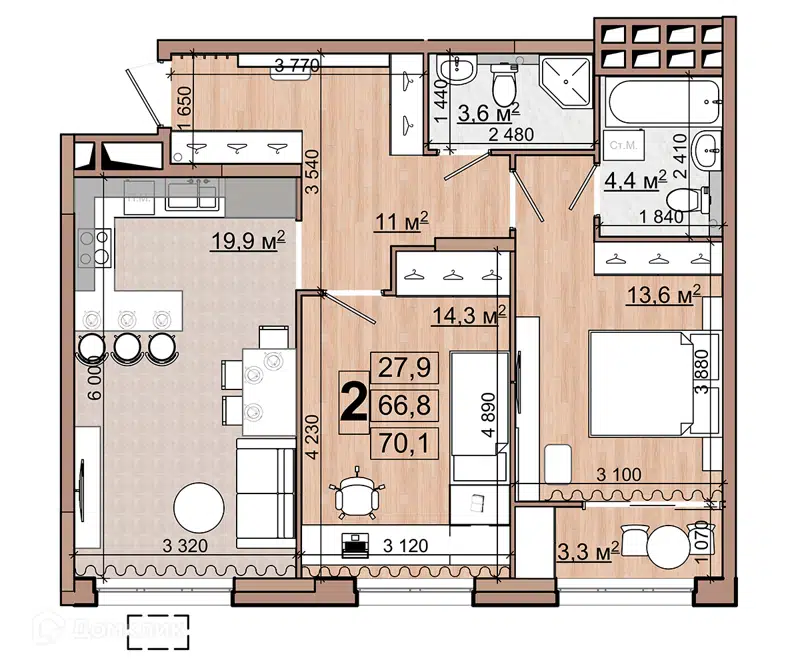 2-комнатная квартира 70.1 м² Гранд Комфорт