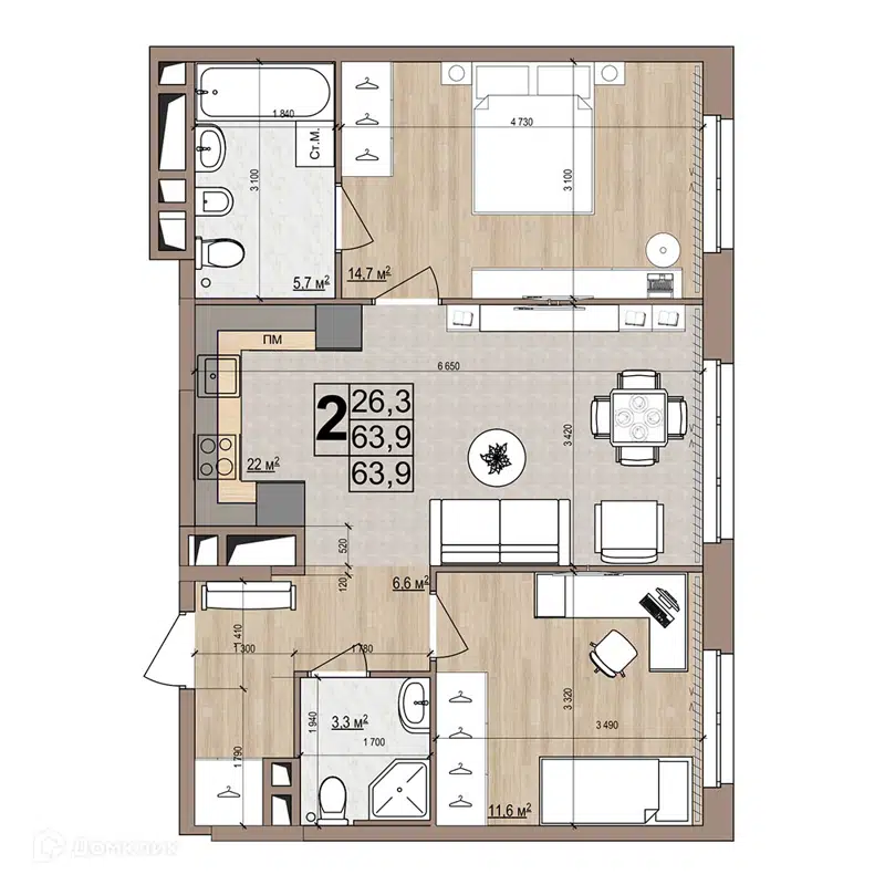 2-комнатная квартира 63.9 м² Гранд Комфорт
