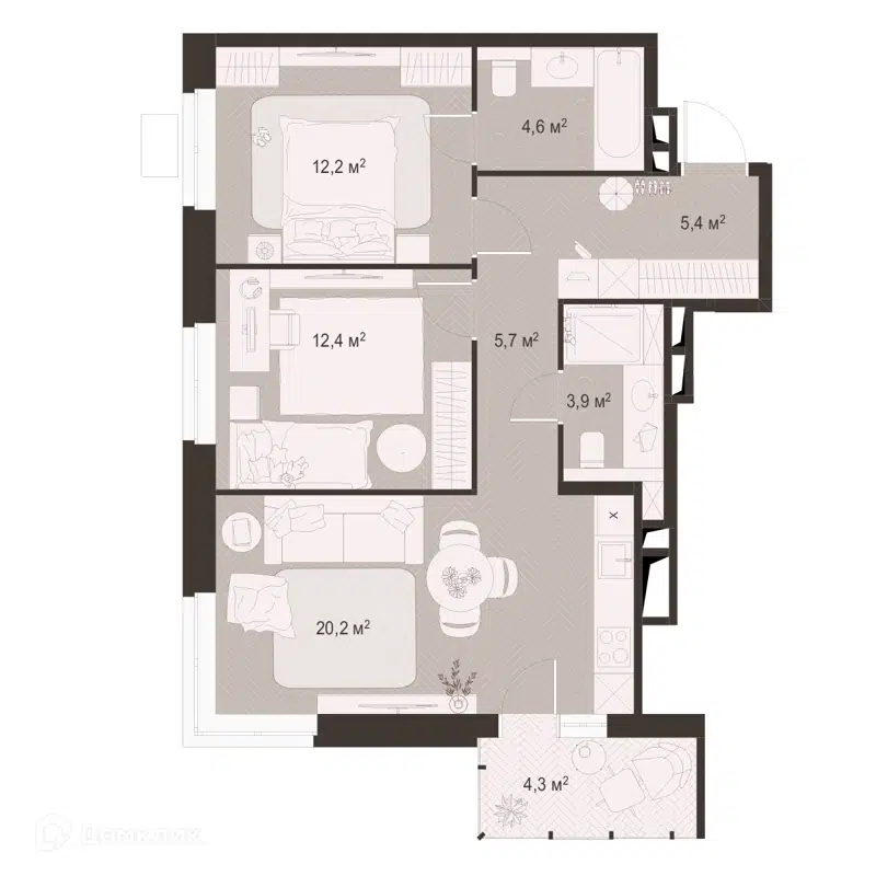 2-комнатная квартира 68.73 м² Гранд Комфорт
