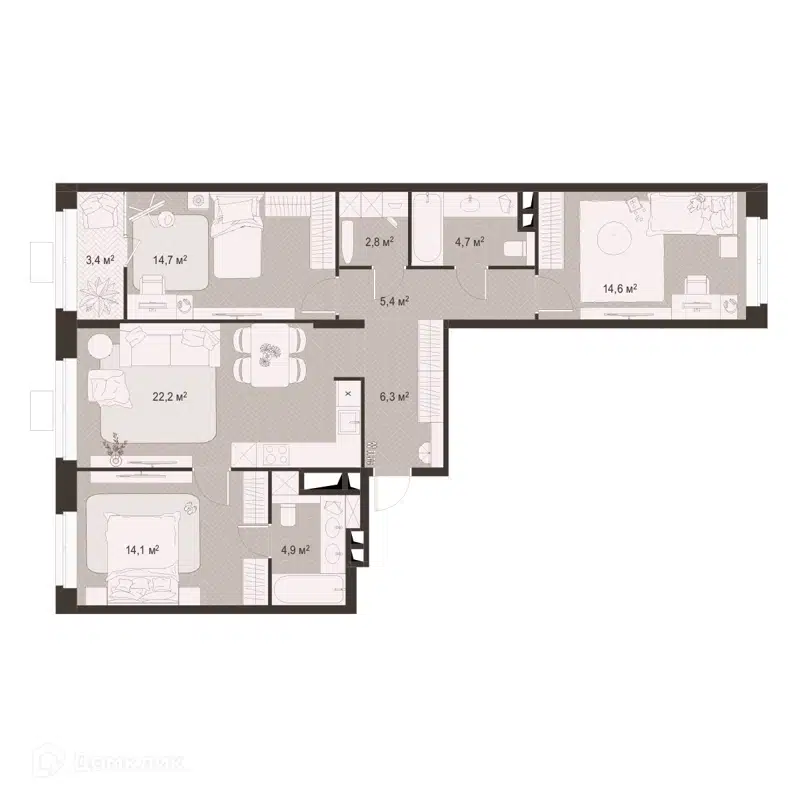 3-комнатная квартира 93.1 м² Гранд Комфорт