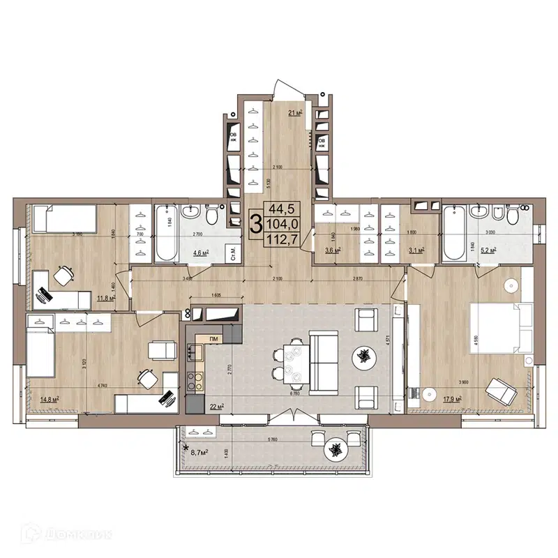 3-комнатная квартира 112.7 м² Гранд Комфорт