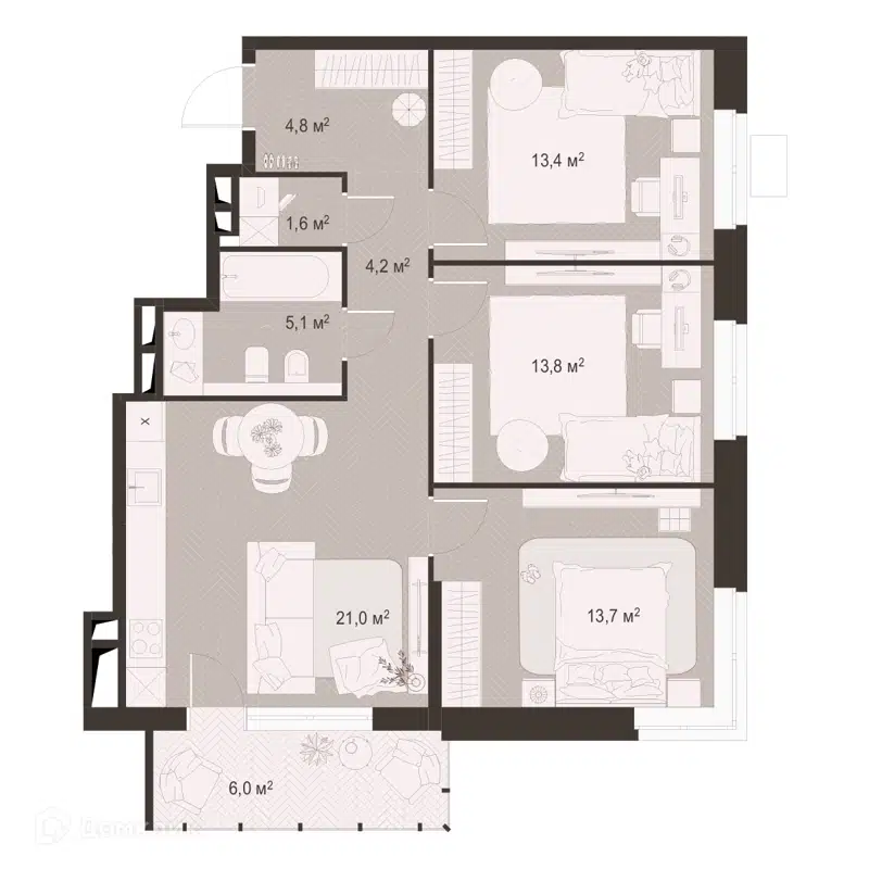 3-комнатная квартира 83.6 м² Гранд Комфорт