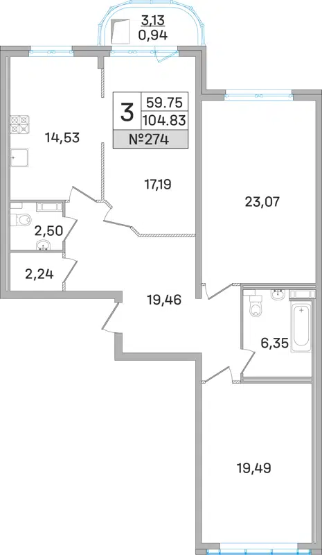3-комнатная квартира 104.4 м² Дом-Мегалит в Королёве