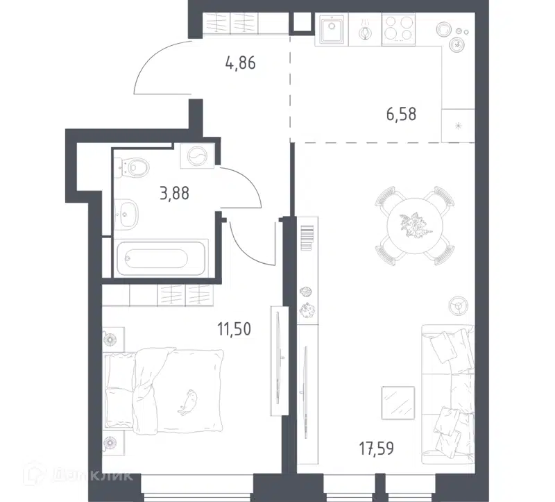 1-комнатная квартира 44.41 м² Большое Путилково