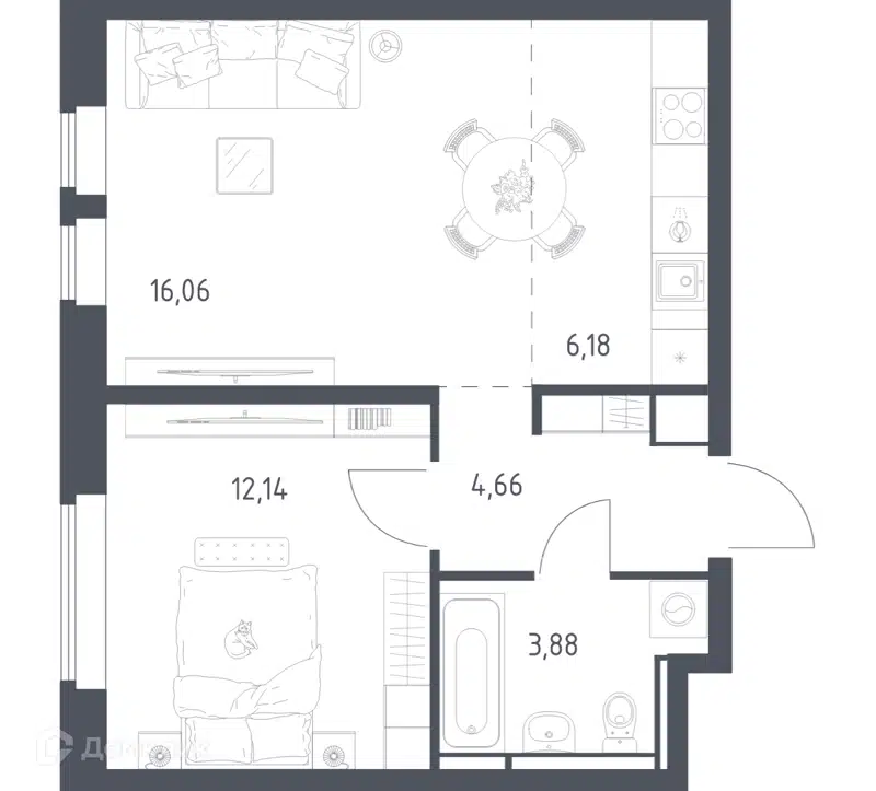 1-комнатная квартира 42.92 м² Большое Путилково