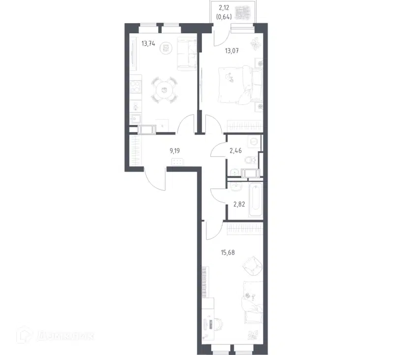 2-комнатная квартира 57.6 м² Большое Путилково