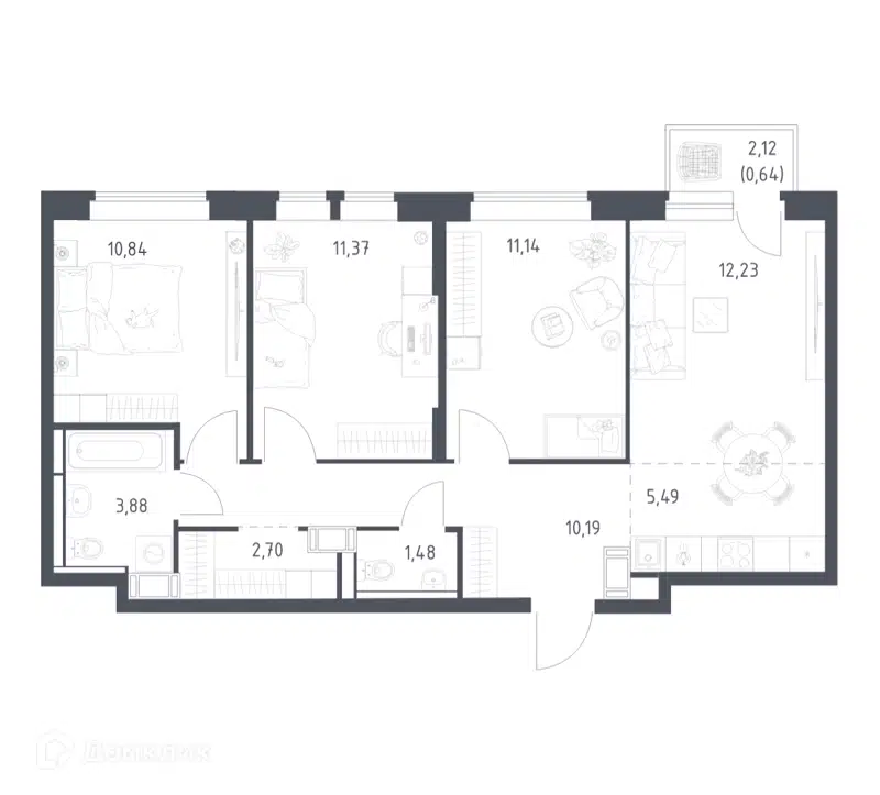 3-комнатная квартира 69.96 м² Большое Путилково