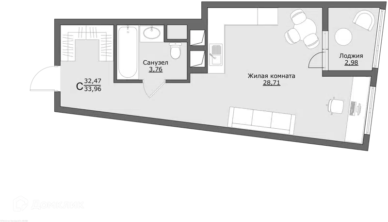 Студия 33.96 м² Клевер