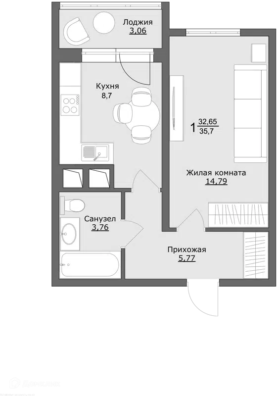 1-комнатная квартира 35.5 м² Клевер