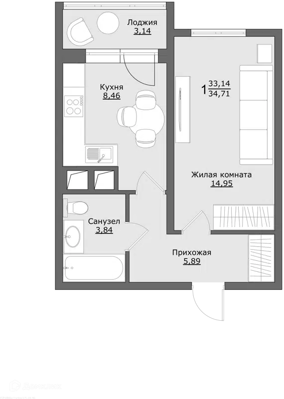 1-комнатная квартира 34.71 м² Клевер