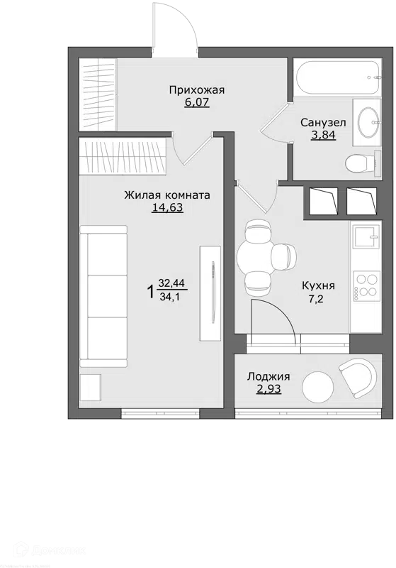 1-комнатная квартира 33.9 м² Клевер