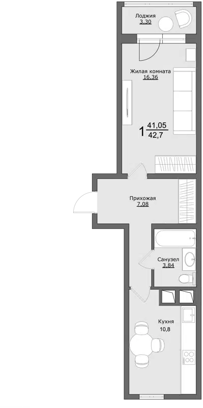 1-комнатная квартира 42.8 м² Клевер