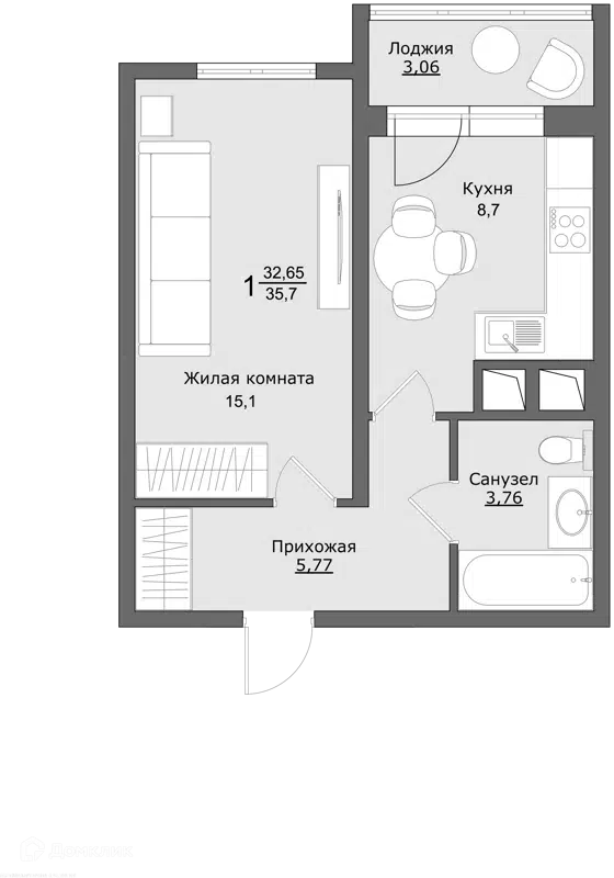1-комнатная квартира 35.7 м² Клевер