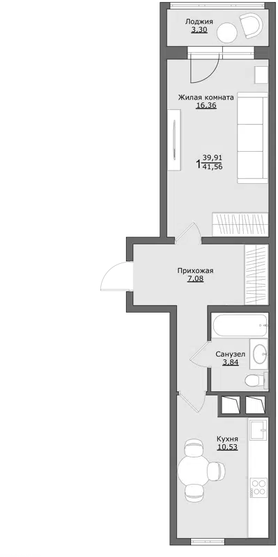 1-комнатная квартира 41.56 м² Клевер