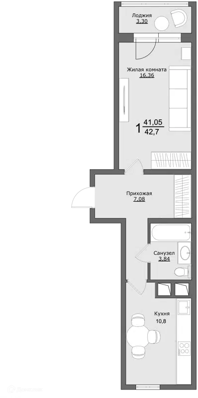 1-комнатная квартира 42.6 м² Клевер