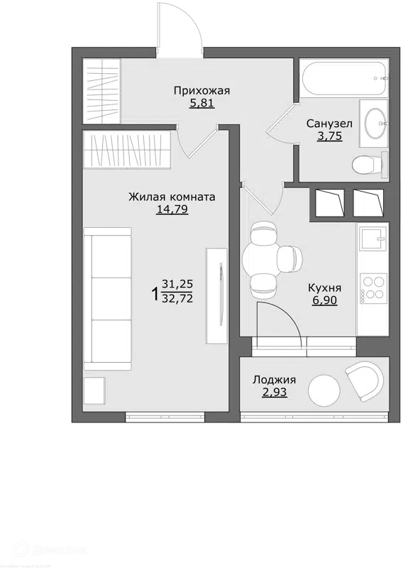1-комнатная квартира 32.72 м² Клевер