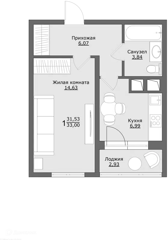 1-комнатная квартира 33 м² Клевер
