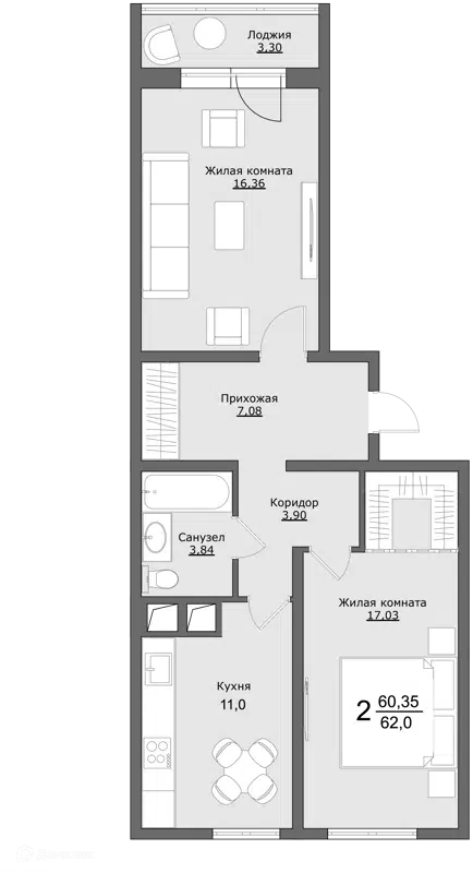 2-комнатная квартира 62 м² Клевер