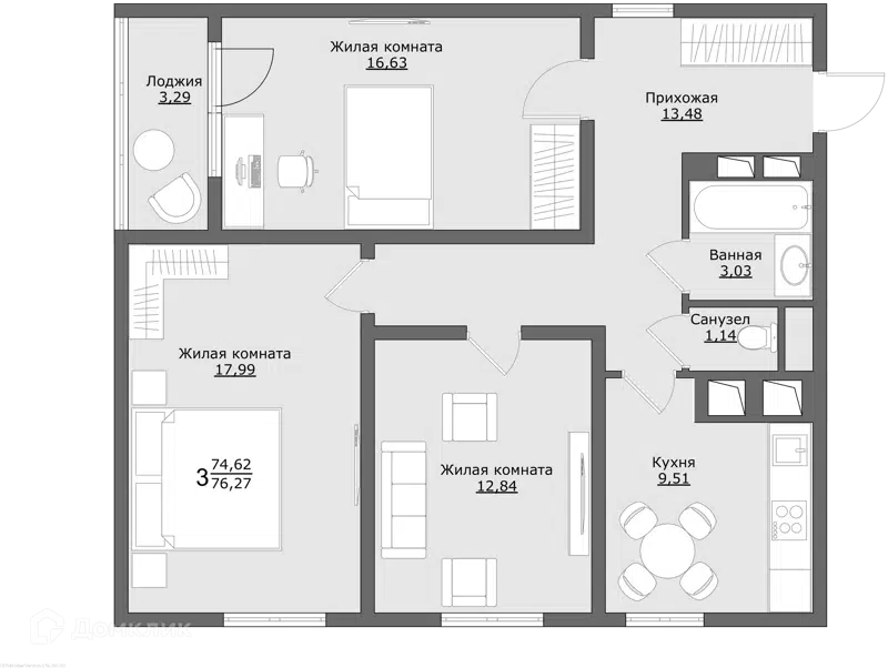 3-комнатная квартира 76.27 м² Клевер