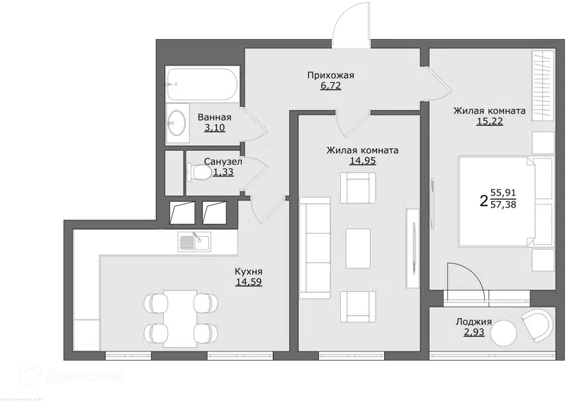 3-комнатная квартира 57.38 м² Клевер
