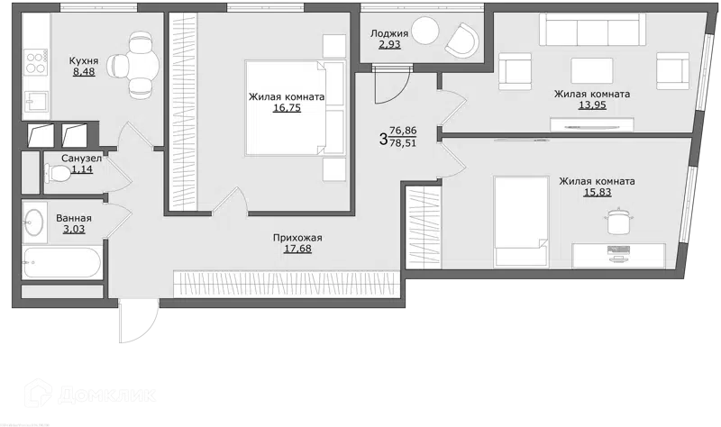 3-комнатная квартира 78.51 м² Клевер