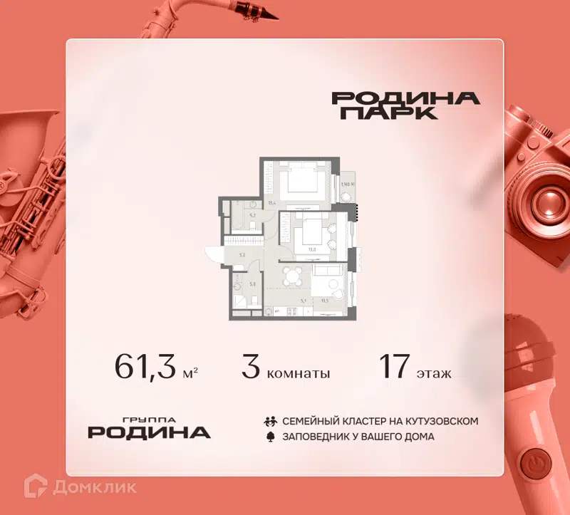 3-комнатная квартира 61.3 м² Родина Парк