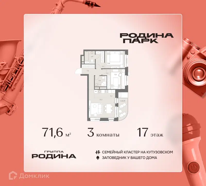 3-комнатная квартира 71.6 м² Родина Парк