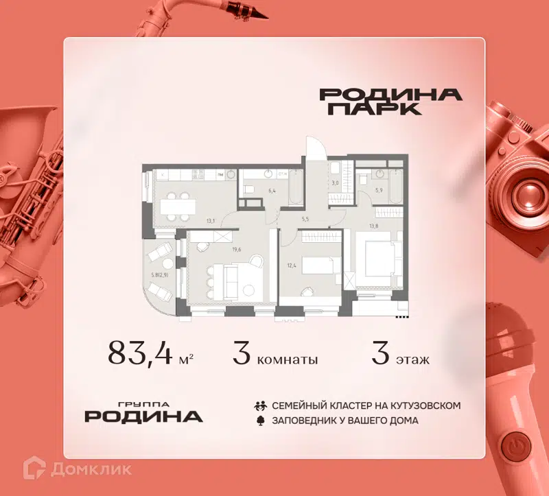 3-комнатная квартира 83.4 м² Родина Парк