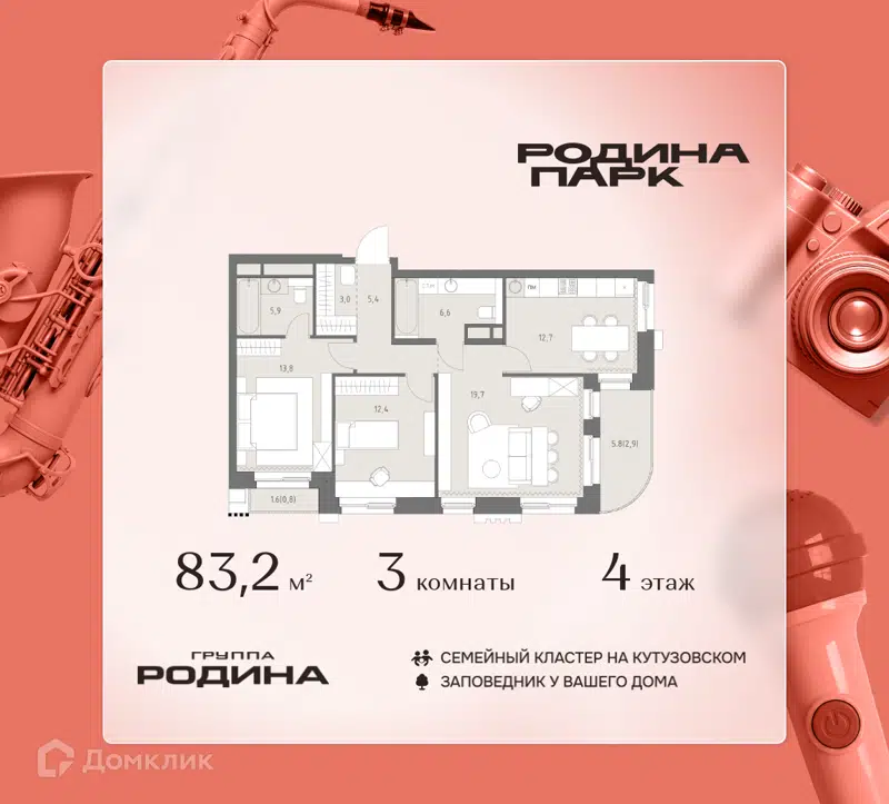 3-комнатная квартира 83.2 м² Родина Парк