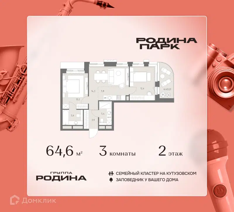 3-комнатная квартира 64.6 м² Родина Парк